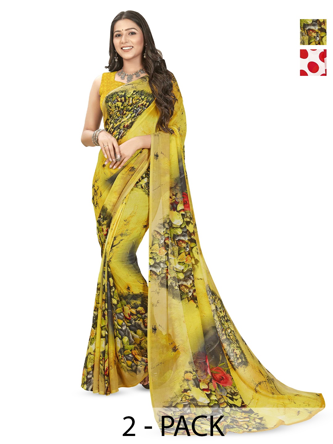 

ANAND SAREES Selection Of 2 Floral Printed Sarees, White