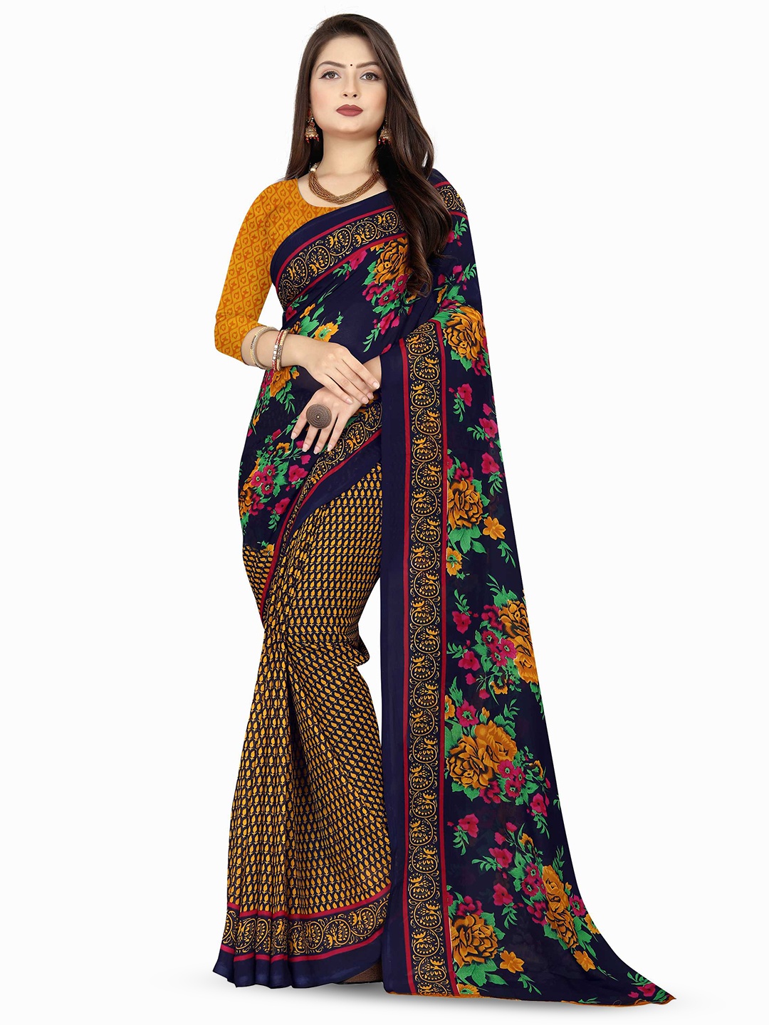 

ANAND SAREES Floral Poly Georgette Saree, Blue