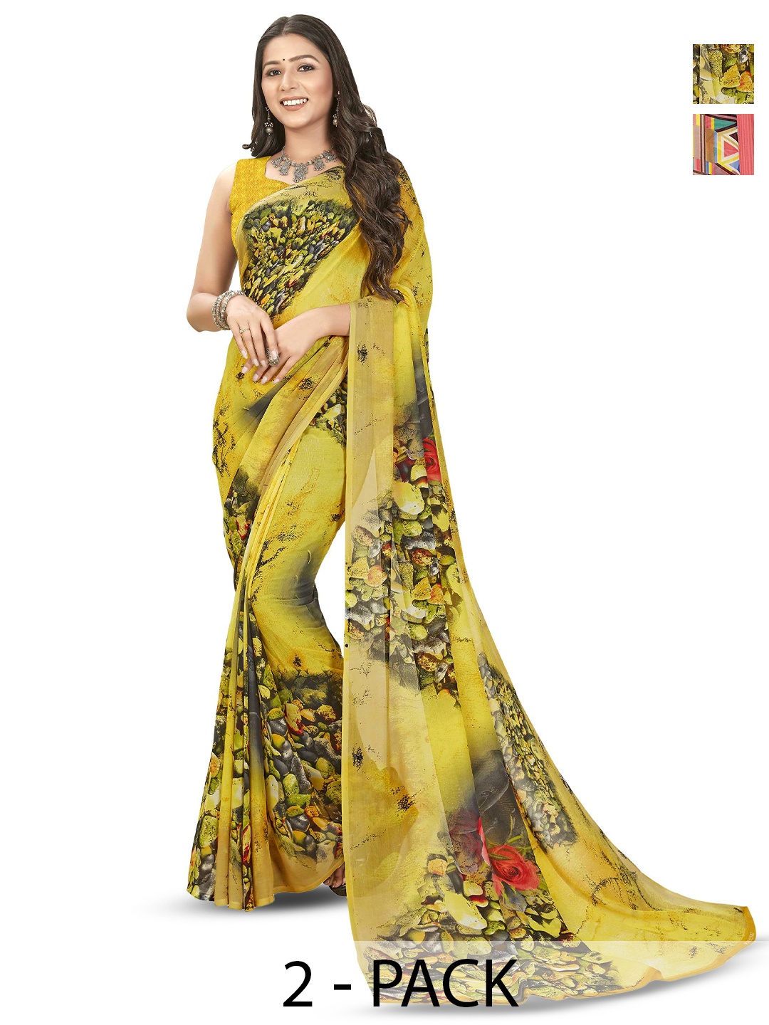 

ANAND SAREES Pack of-2 Floral Printed Saree, Yellow