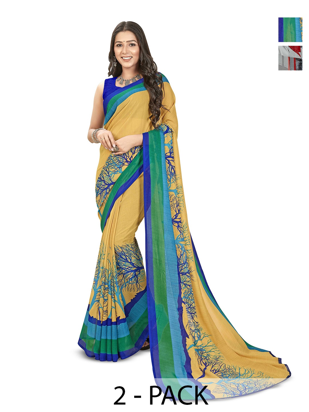 

ANAND SAREES Women Daily Abstract Printed Poly Georgette Combo Pack of 2 Saree, Yellow