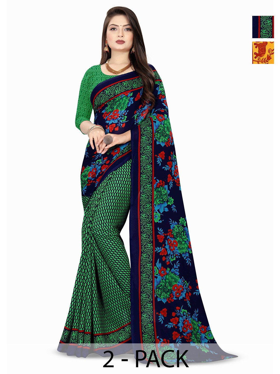 

ANAND SAREES Pack Of 2 Floral Saree, Navy blue