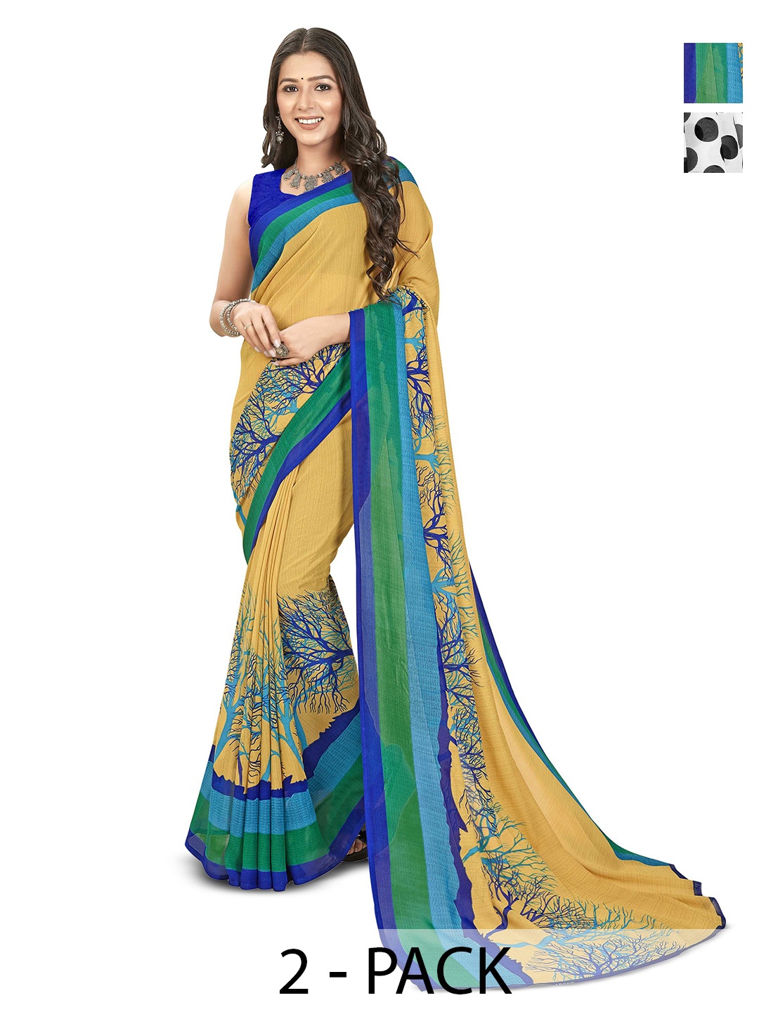 

ANAND SAREES Selection Of 2 Floral Printed Sarees, Beige