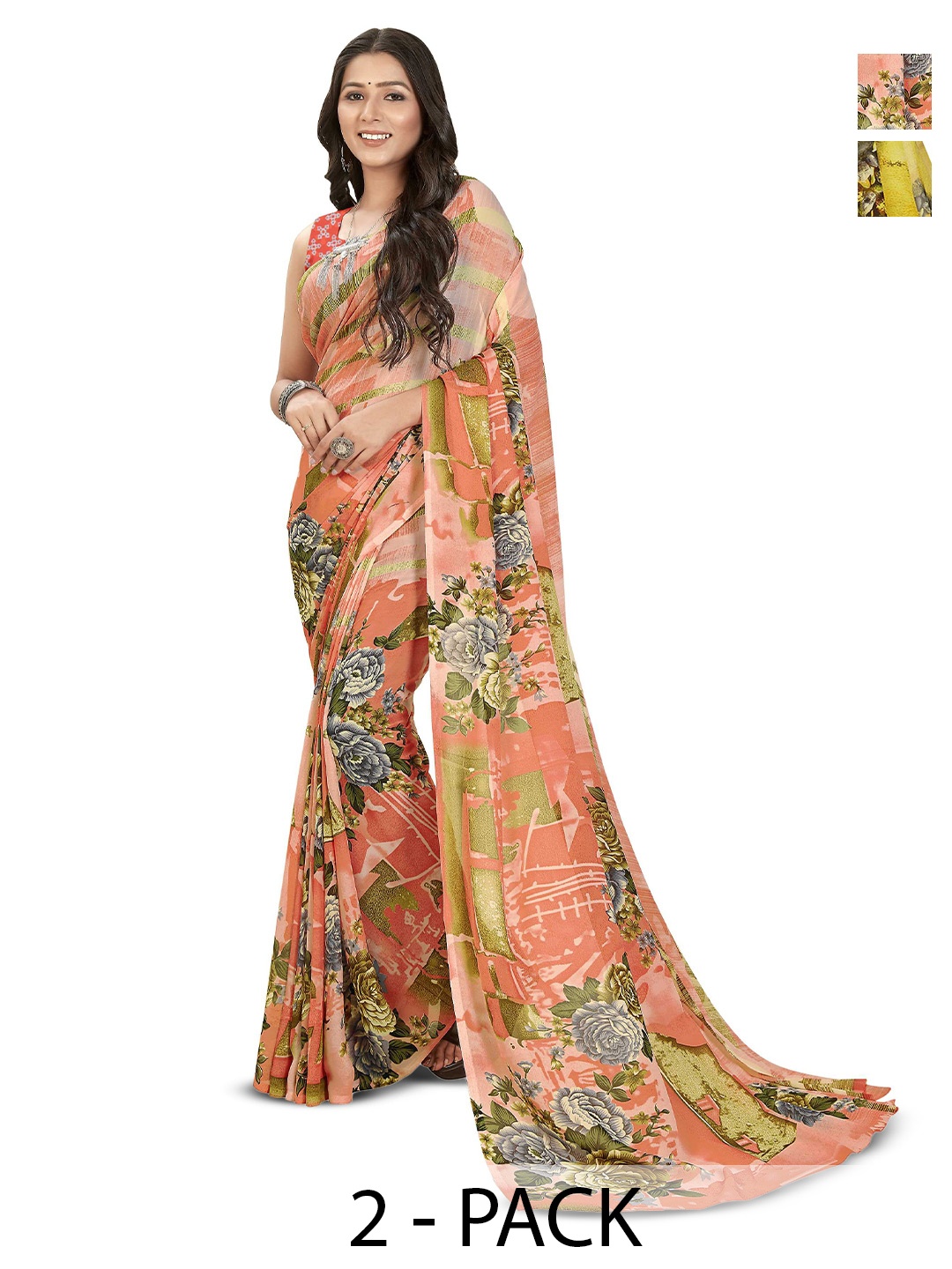 

ANAND SAREES Selection Of 2 Printed Saree, Peach