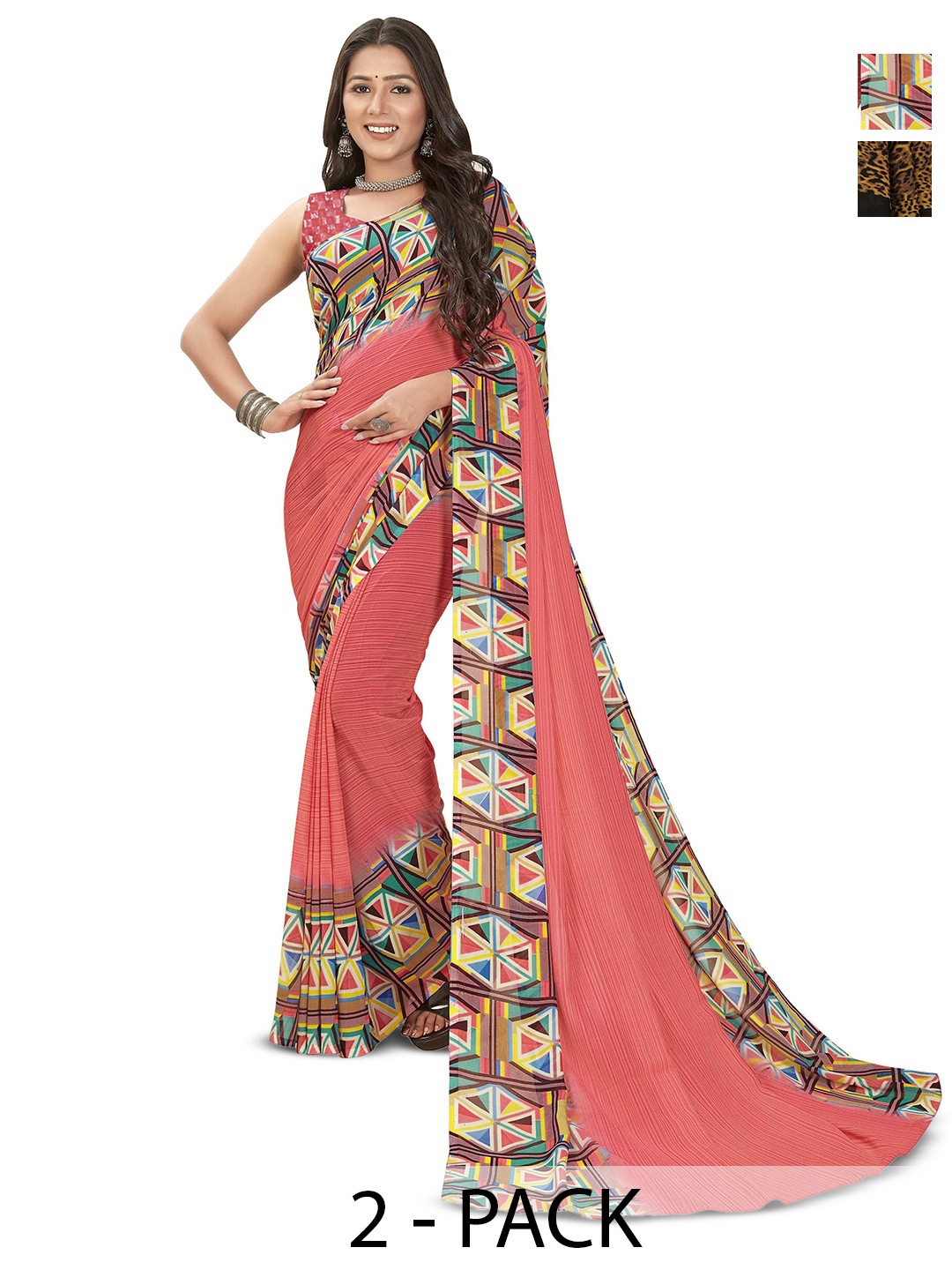 

ANAND SAREES Selection Of 2 Abstract Printed Sarees, Brown