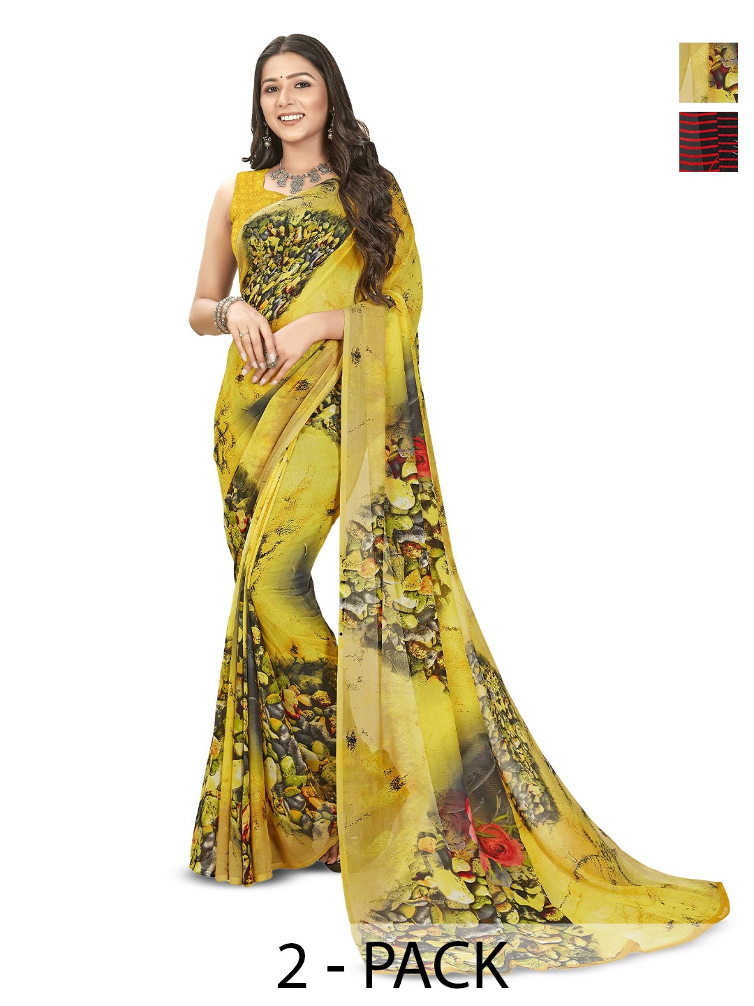 

ANAND SAREES Selection of 2 Printed Sarees, Yellow