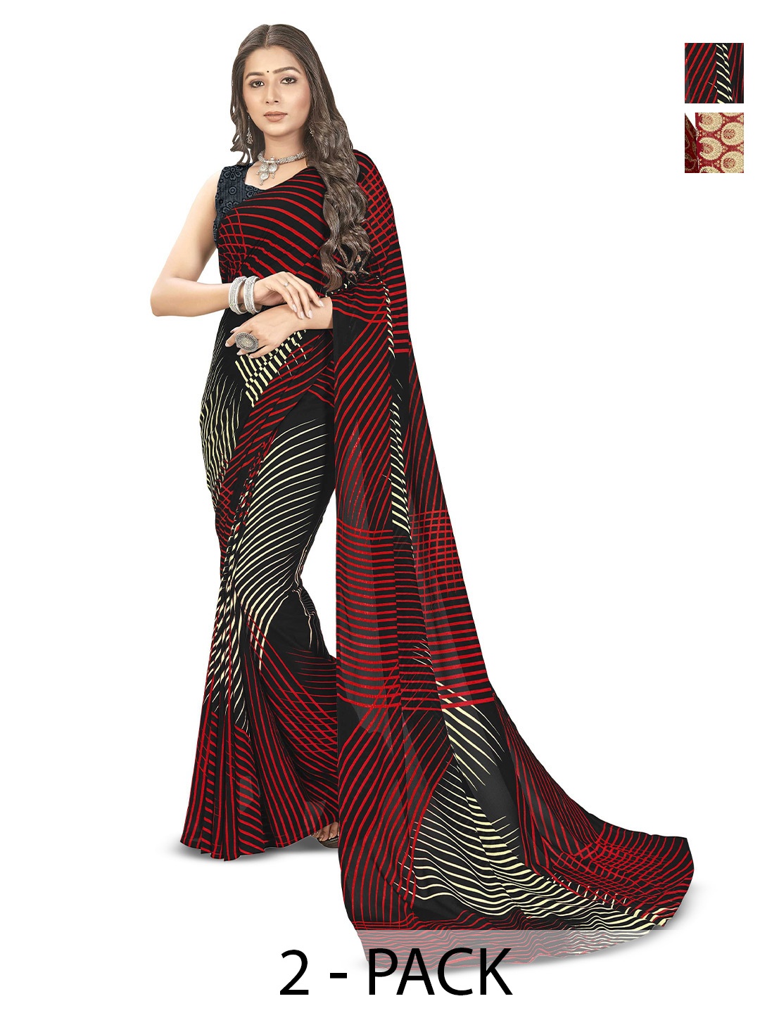 

ANAND SAREES Selection Of 2 Geometric Printed Sarees, Red