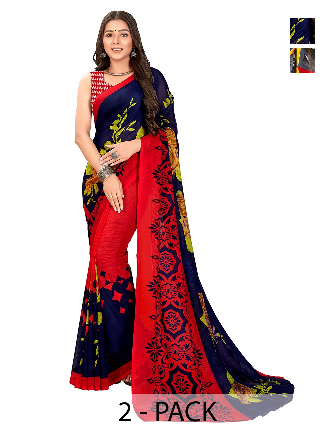 

ANAND SAREES Selection Of 2 Floral Printed Sarees, Blue