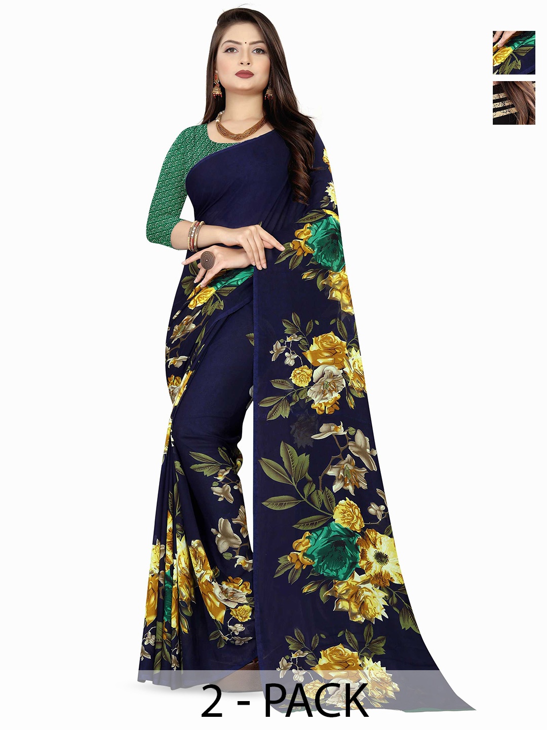 

ANAND SAREES Selection Of 2 Floral Printed Sarees, Blue