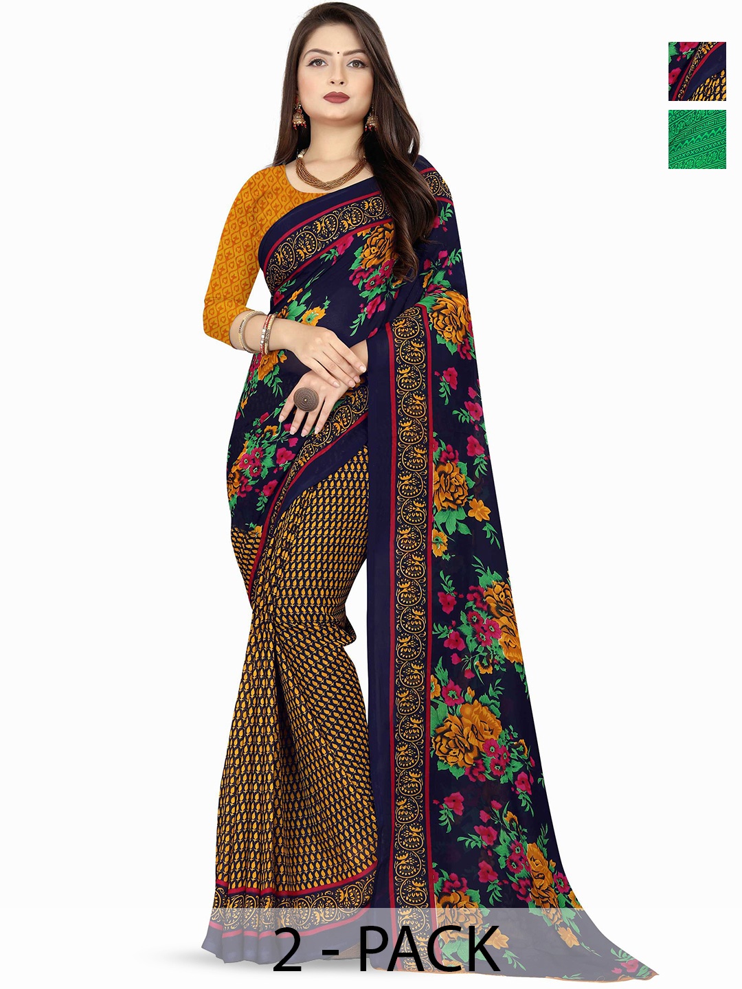

ANAND SAREES Pack Of 2 Floral Poly Georgette Saree, Blue