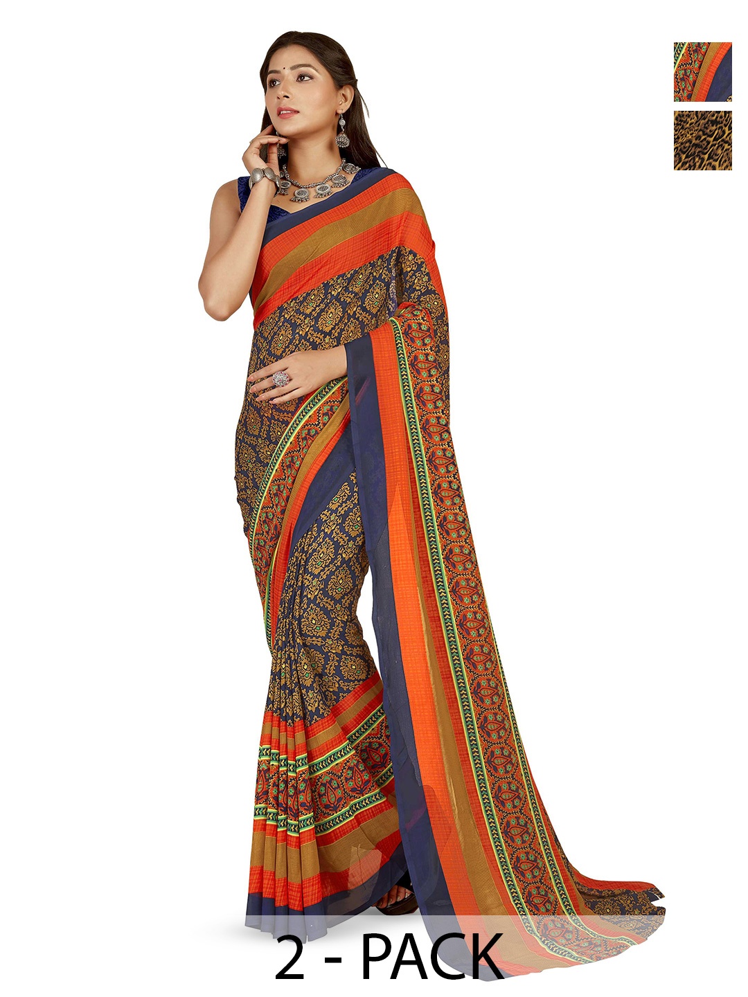 

ANAND SAREES Selection Of 2 Printed Saree, Orange