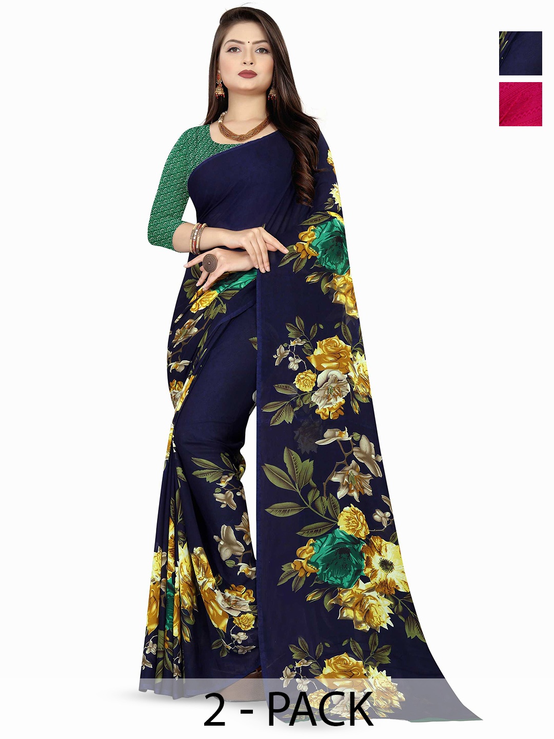 

ANAND SAREES Pack Of 2 Floral Poly Georgette Saree, Blue