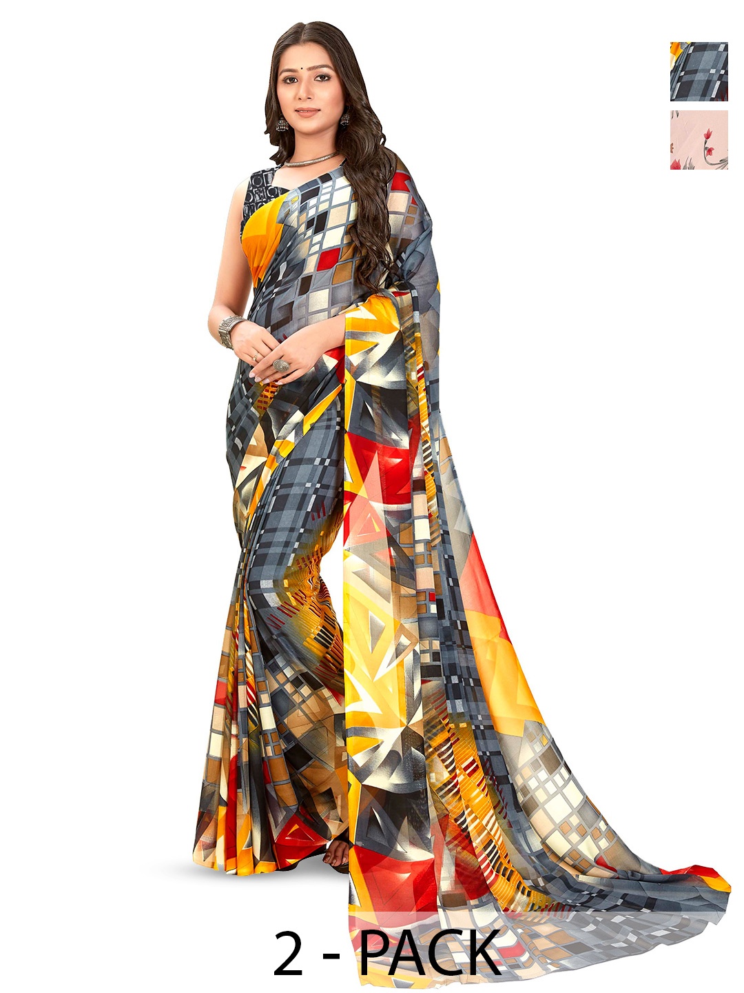 

ANAND SAREES Selection Of 2 Floral Printed Sarees, Pink