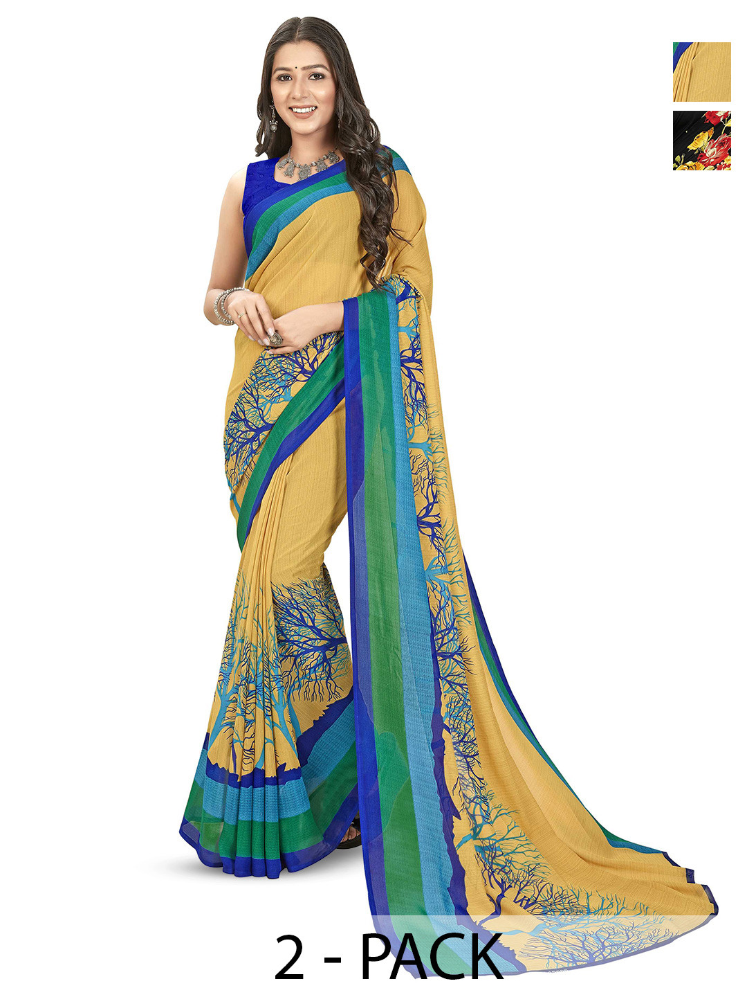 

ANAND SAREES Selection of 2 Printed Sarees, Black
