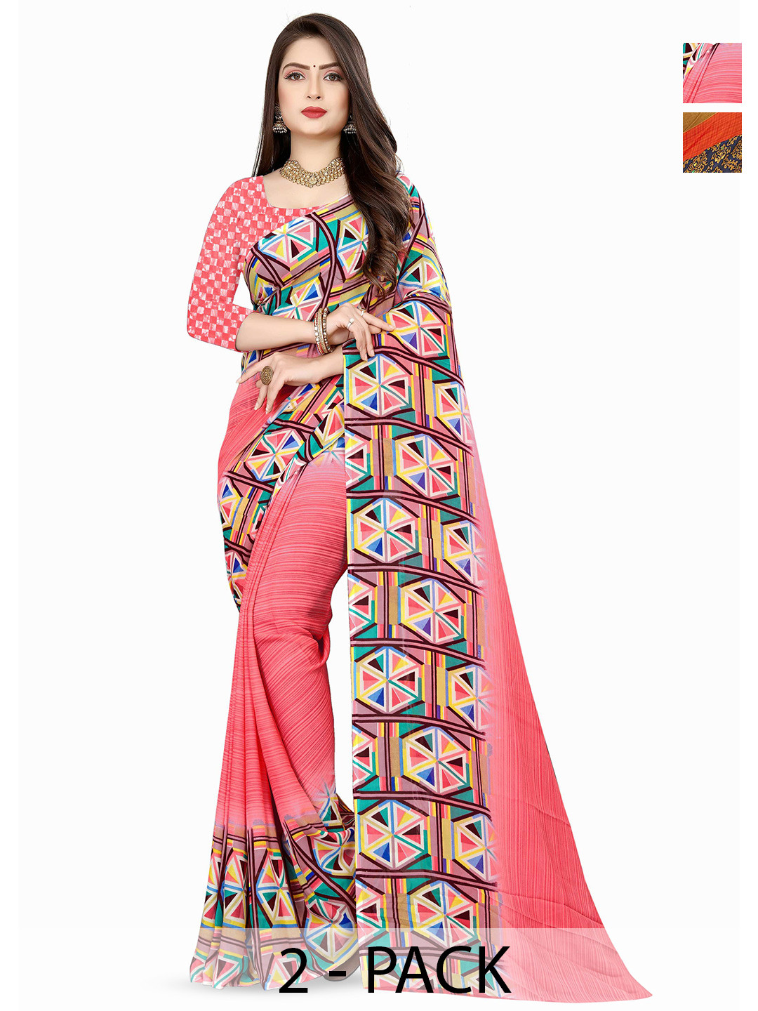 

ANAND SAREES Selection Of 2 Printed Saree, Orange