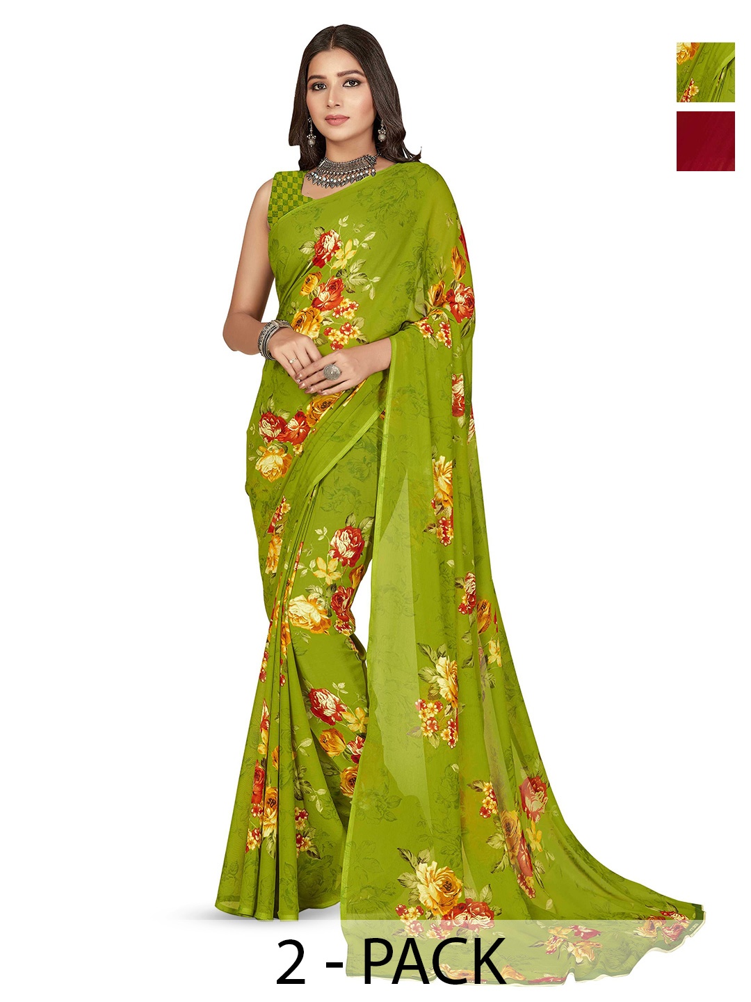 

ANAND SAREES Floral Poly Georgette Saree, Green