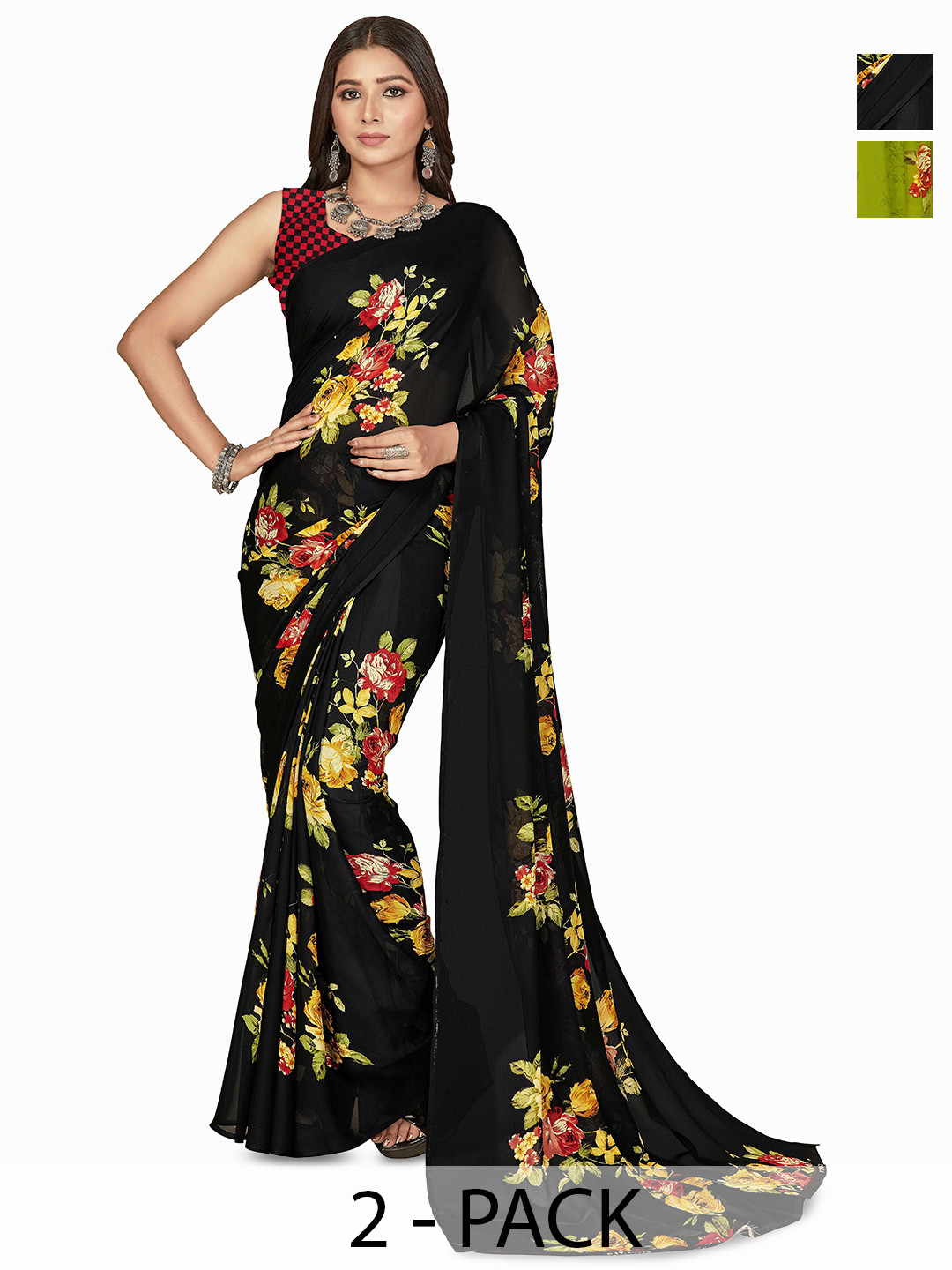 

ANAND SAREES Selection Of 2 Floral Printed Saree, Green