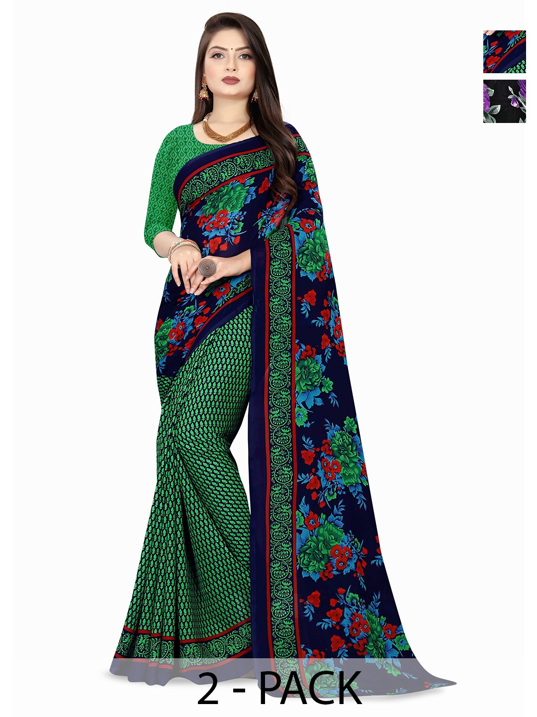 

ANAND SAREES Pack of 2 Floral Saree, Navy blue