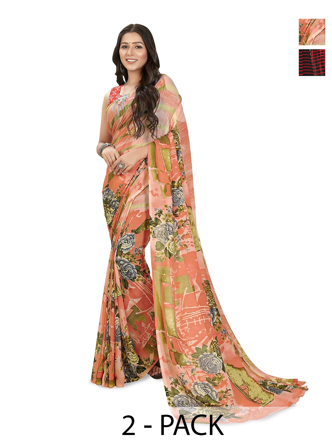 

ANAND SAREES Selection Of 2 Floral Printed Sarees, Peach