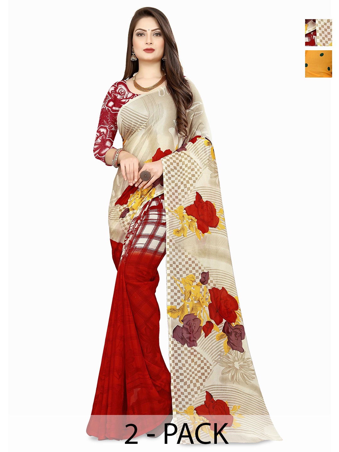 

ANAND SAREES Pack of 2 Floral Saree, Red