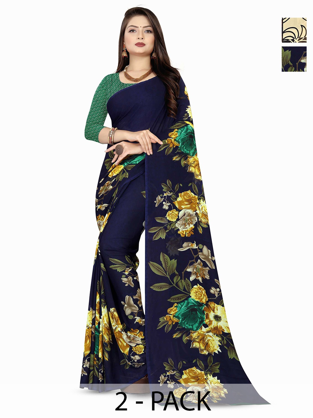 

ANAND SAREES Pack of 2 Floral Saree, Navy blue