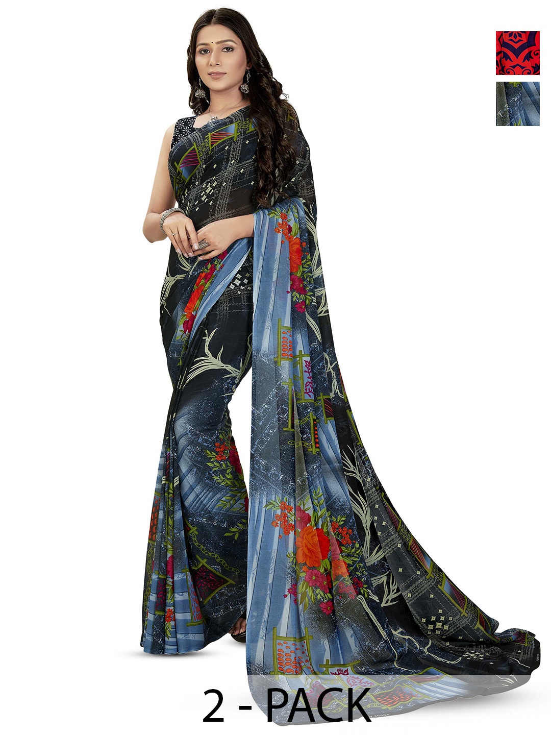 

ANAND SAREES Selection Of 2 Printed Saree, Blue