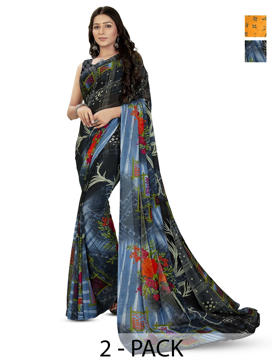 

ANAND SAREES Pack Of 2 Floral Poly Georgette Saree, Grey