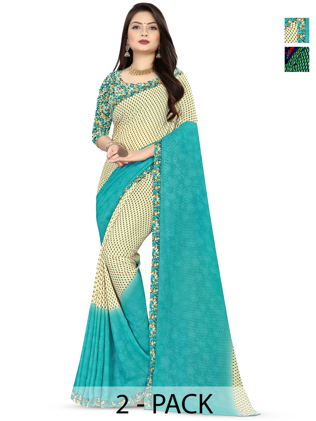

ANAND SAREES Pack of 2 Floral Saree, Navy blue