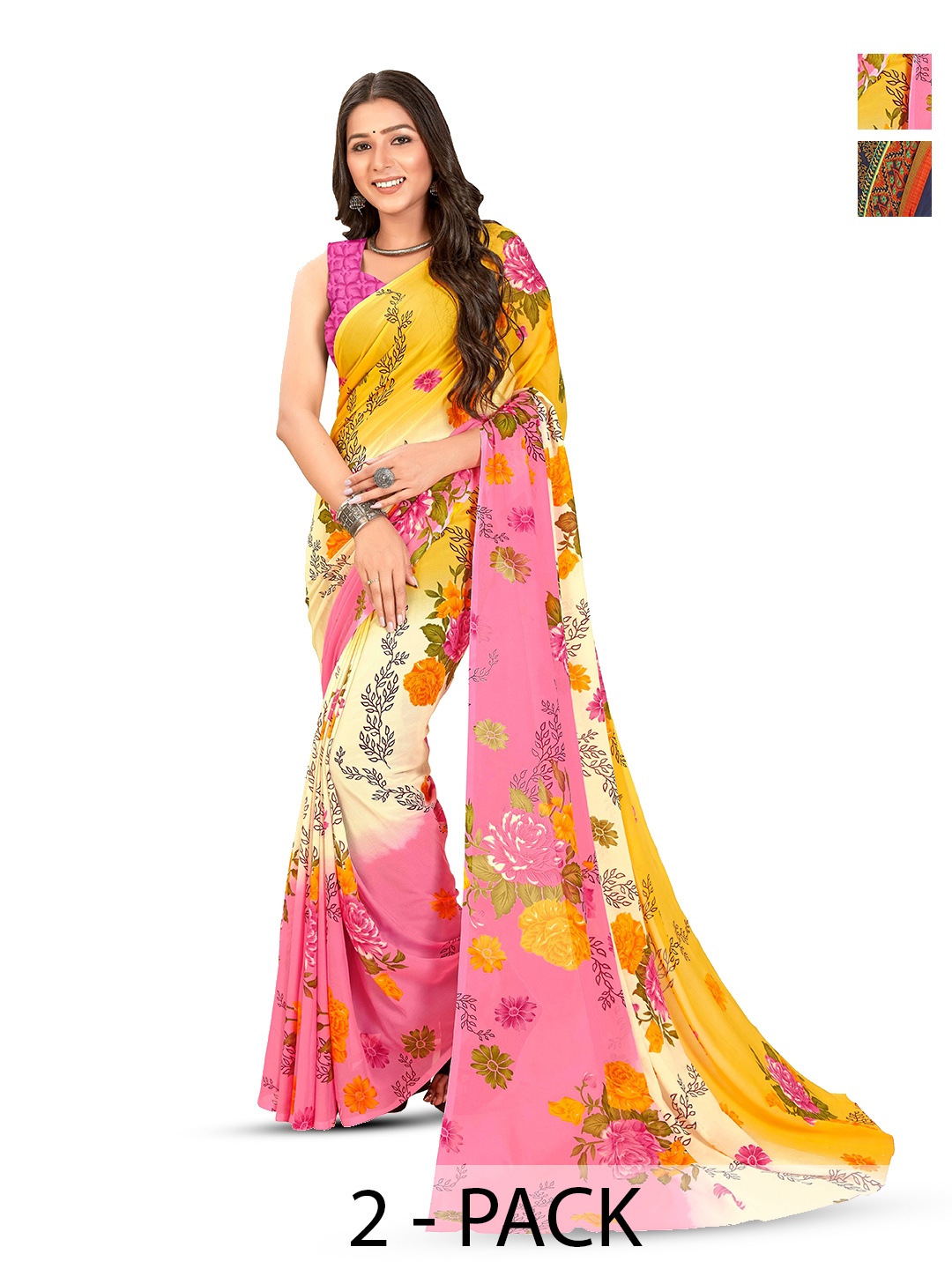 

ANAND SAREES Pack Of 2 Floral Poly Georgette Saree, Pink