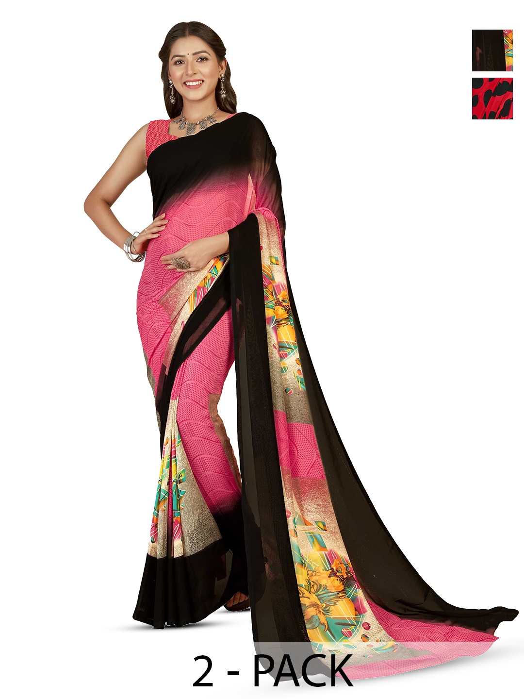 

ANAND SAREES Pack of 2 Floral Saree, Red
