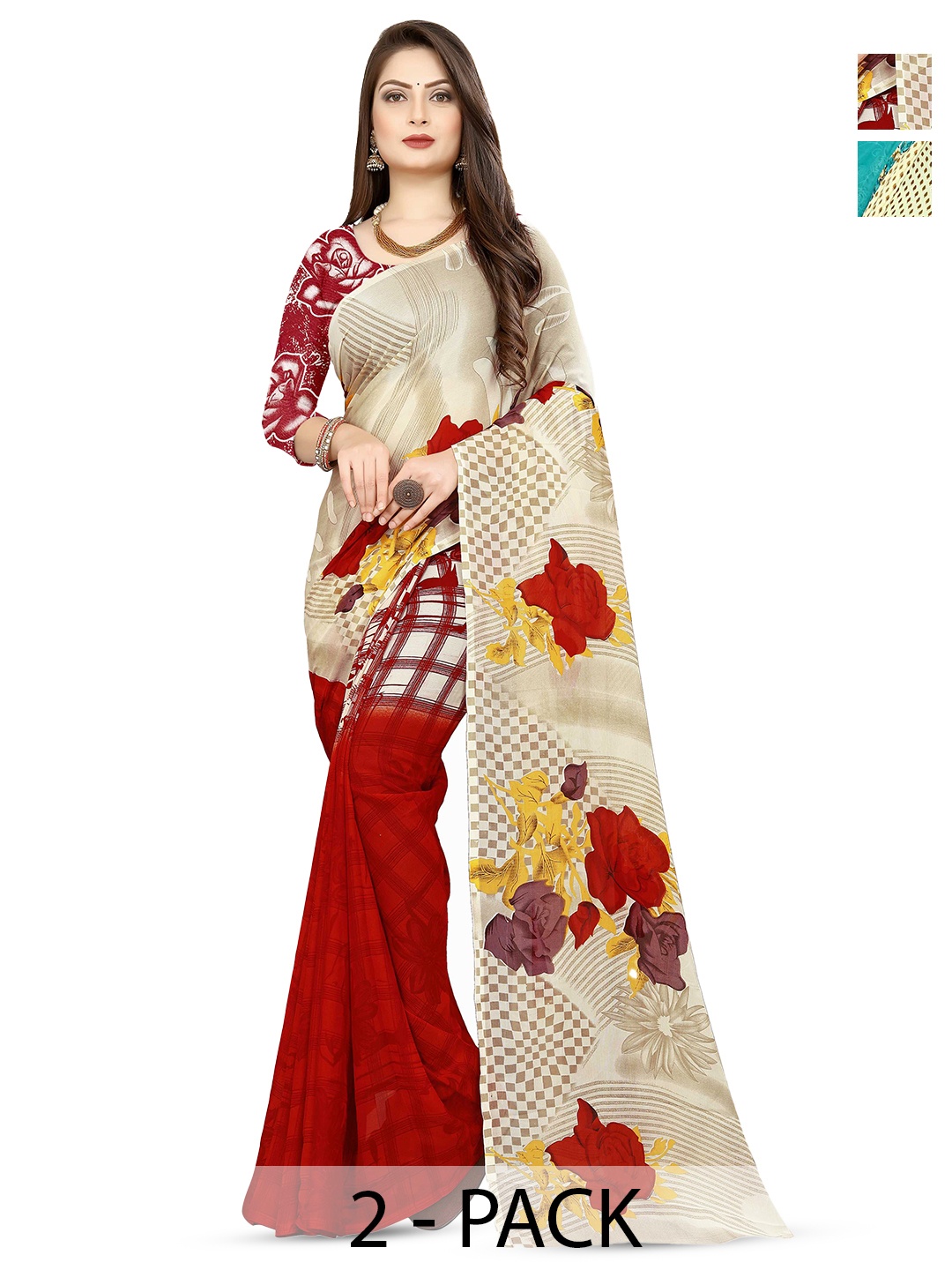 

ANAND SAREES Pack of 2 Floral Saree, Beige