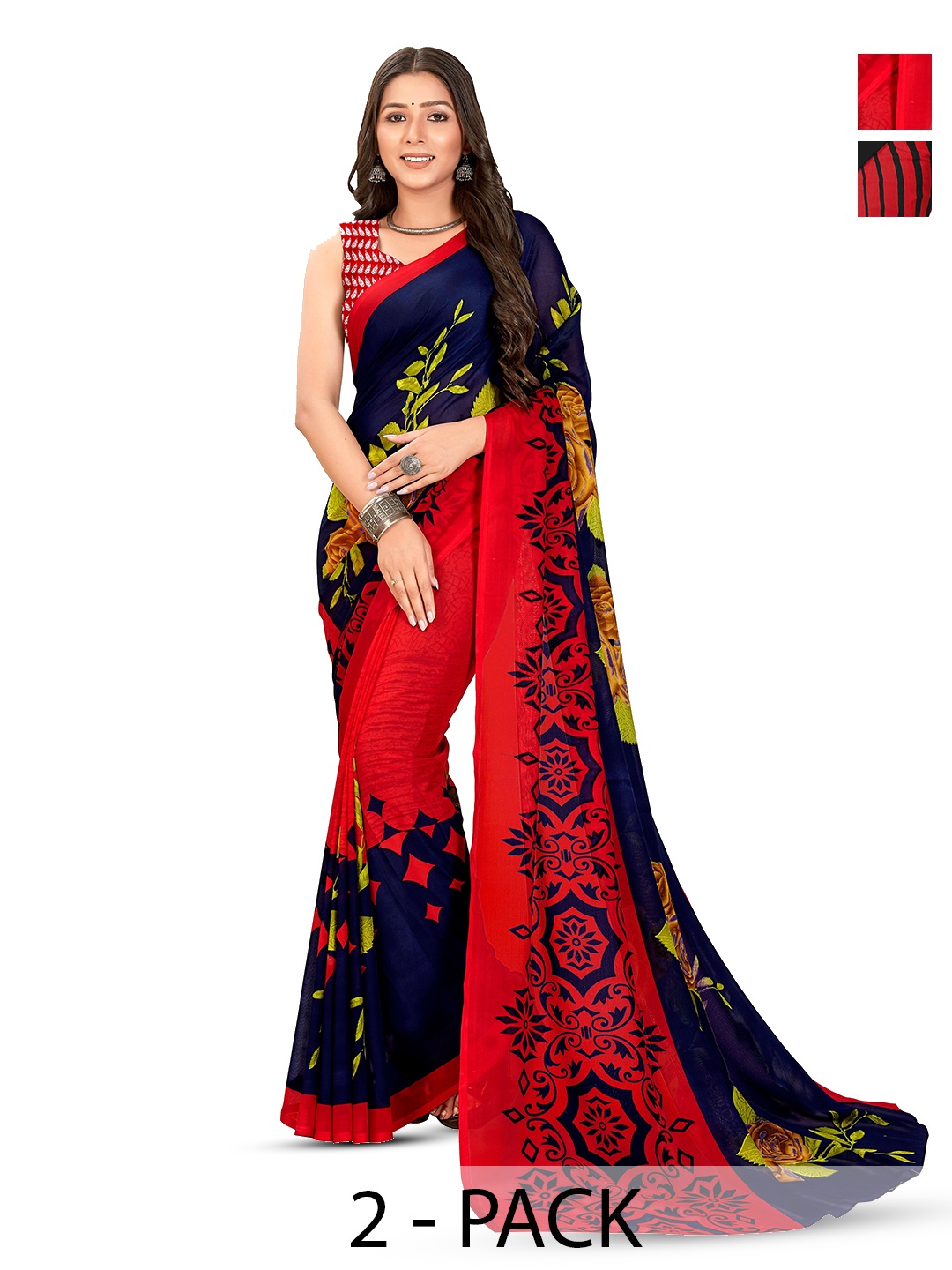 

ANAND SAREES Pack Of 2 Printed Poly Georgette Saree, Black