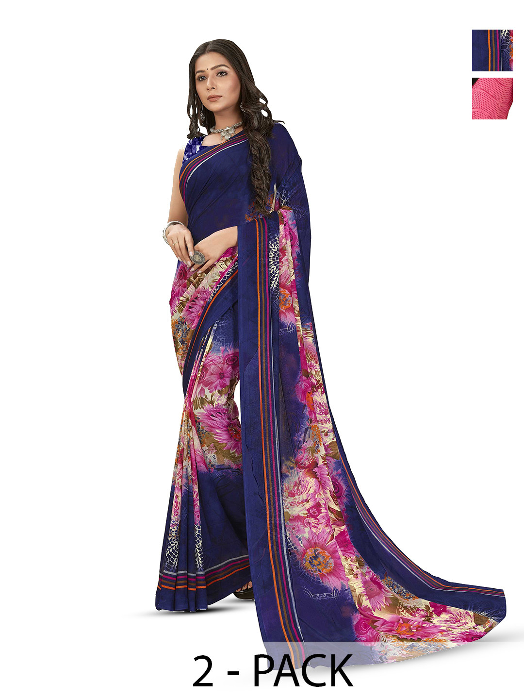 

ANAND SAREES Selection of 2 Floral & Abstract Printed Sarees, Blue