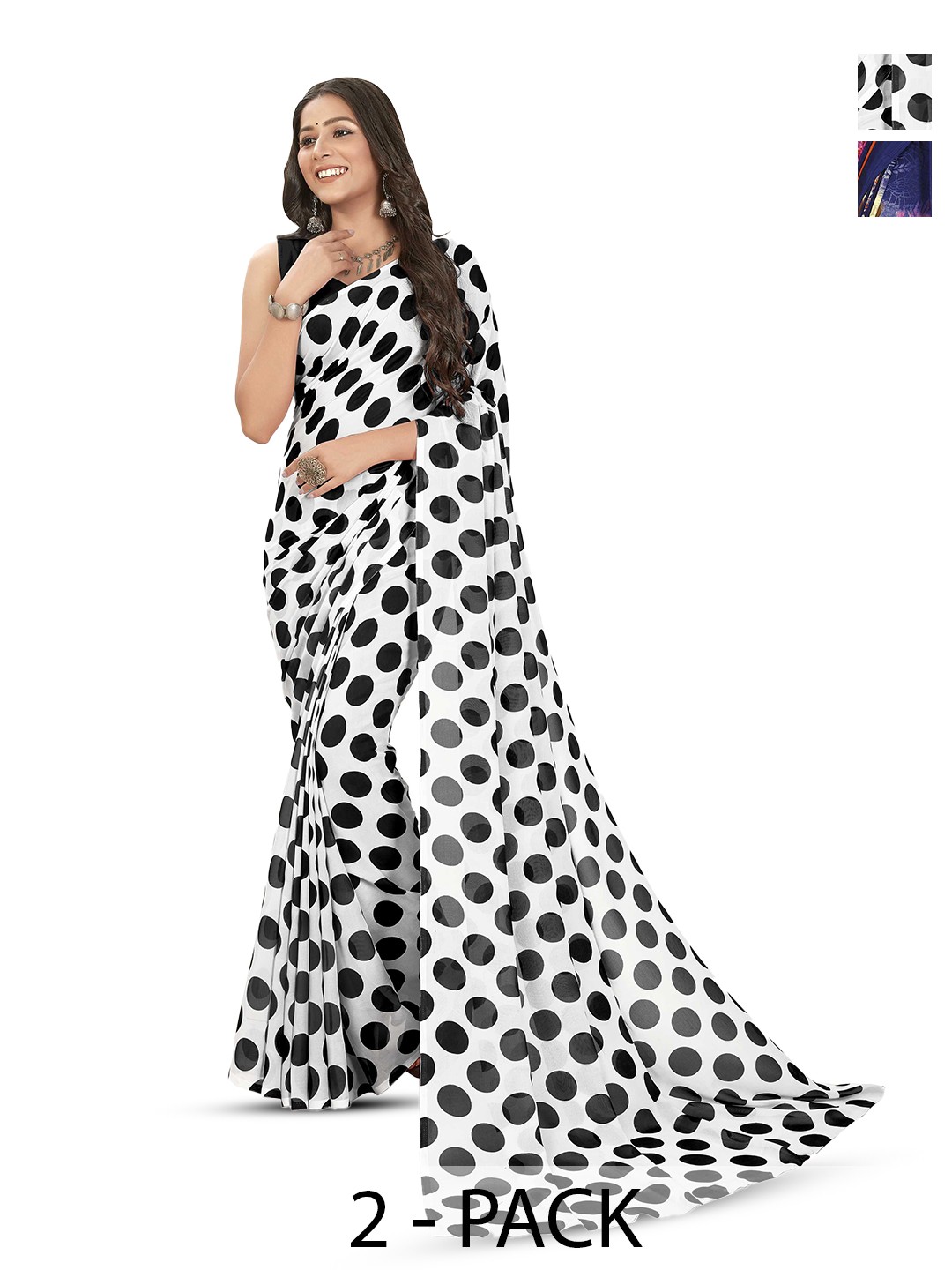 

ANAND SAREES Selection of 2 Polka Dots Printed Saree, Black