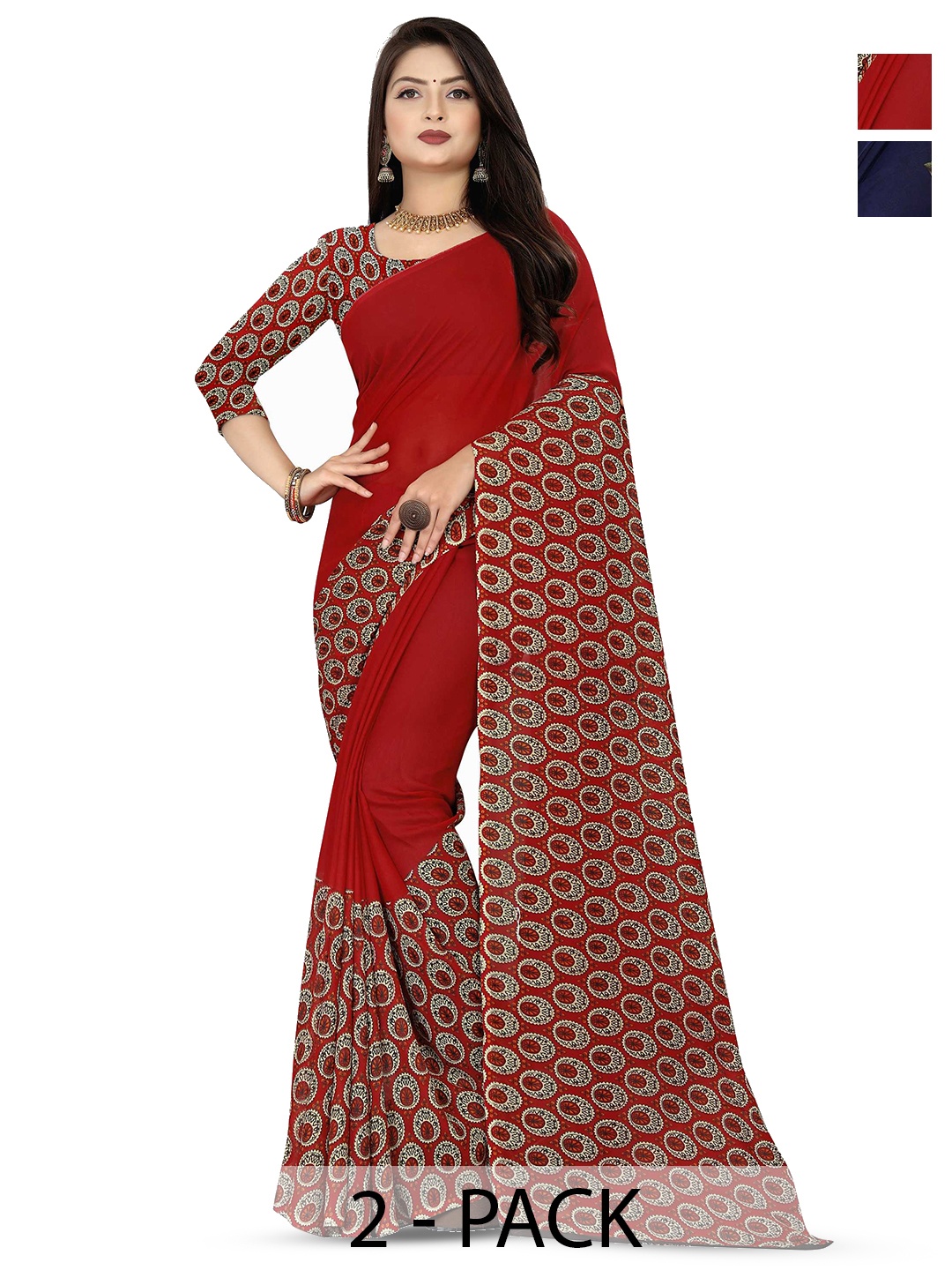 

ANAND SAREES Selection Of 2 Floral Printed Sarees, Red