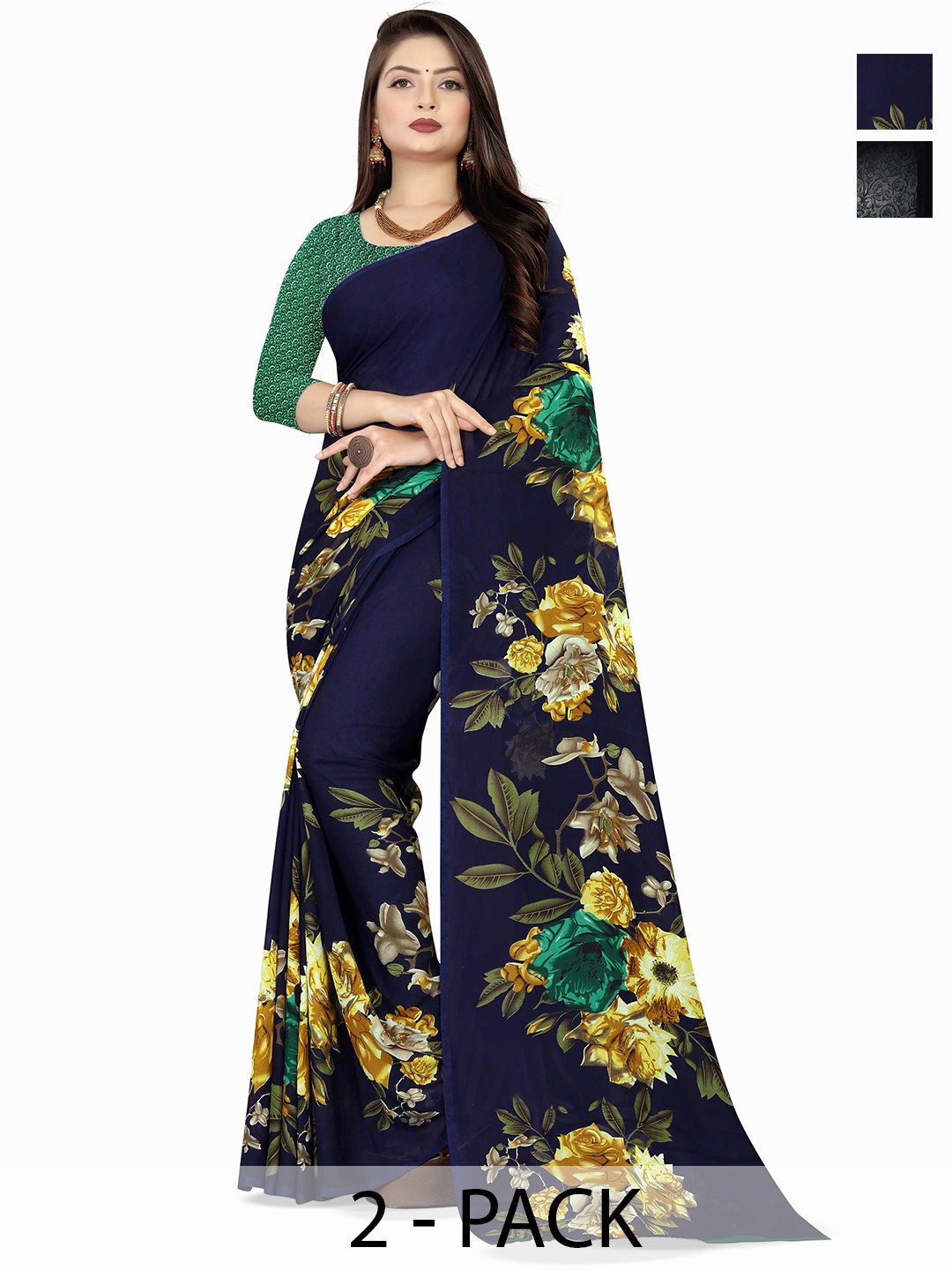 

ANAND SAREES Floral Poly Georgette Saree Pack of 2, Black