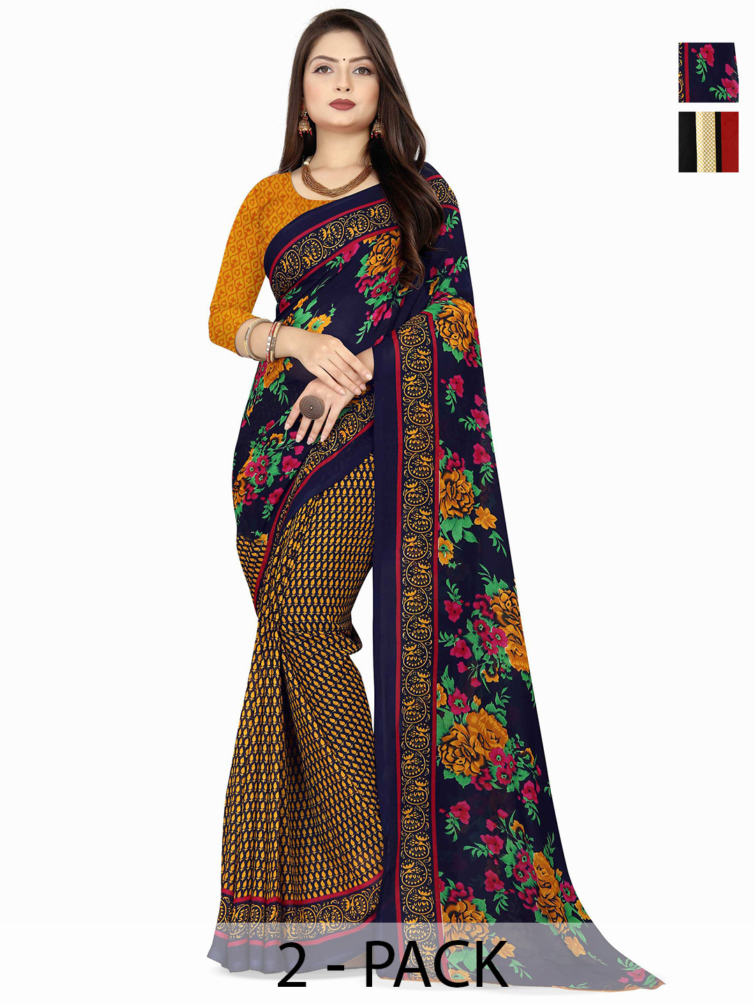 

ANAND SAREES Selection of 2 Floral Sarees, Yellow