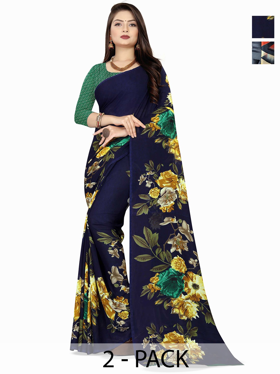 

ANAND SAREES Floral Poly Georgette Saree Pack of 2, Grey