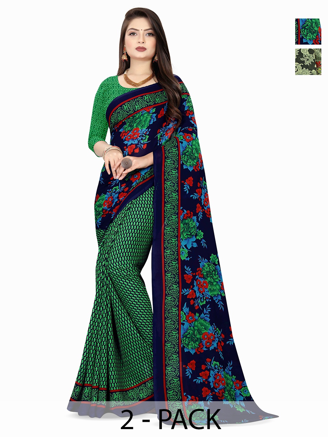 

ANAND SAREES Selection Of 2 Floral Printed Sarees, Blue