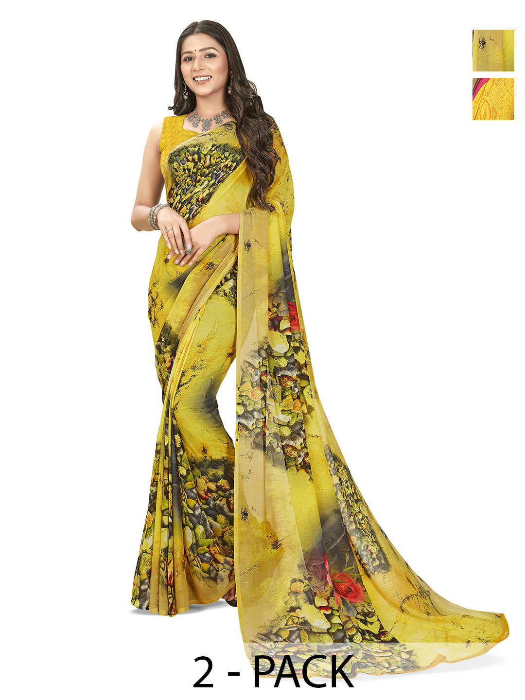 

ANAND SAREES Floral Poly Georgette Saree Pack of 2, Yellow