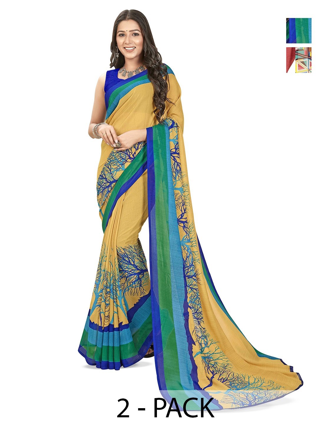 

ANAND SAREES Selection of 2 Floral Sarees, Blue