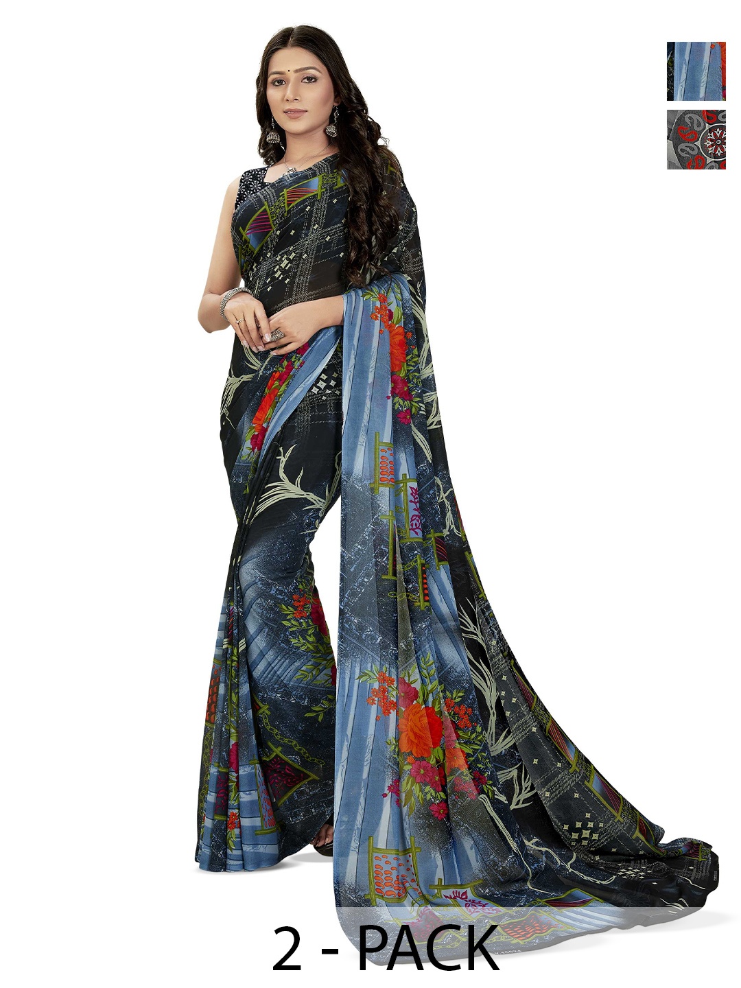 

ANAND SAREES Floral Poly Georgette Saree Pack of 2, Grey