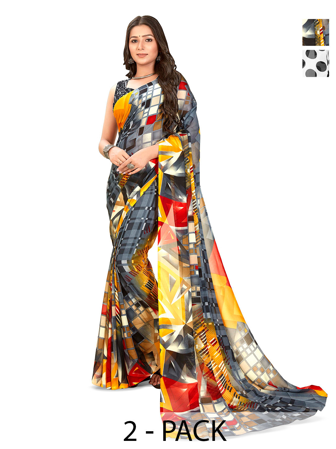 

ANAND SAREES Selection Of 2 Polka Dot Printed Sarees, Black