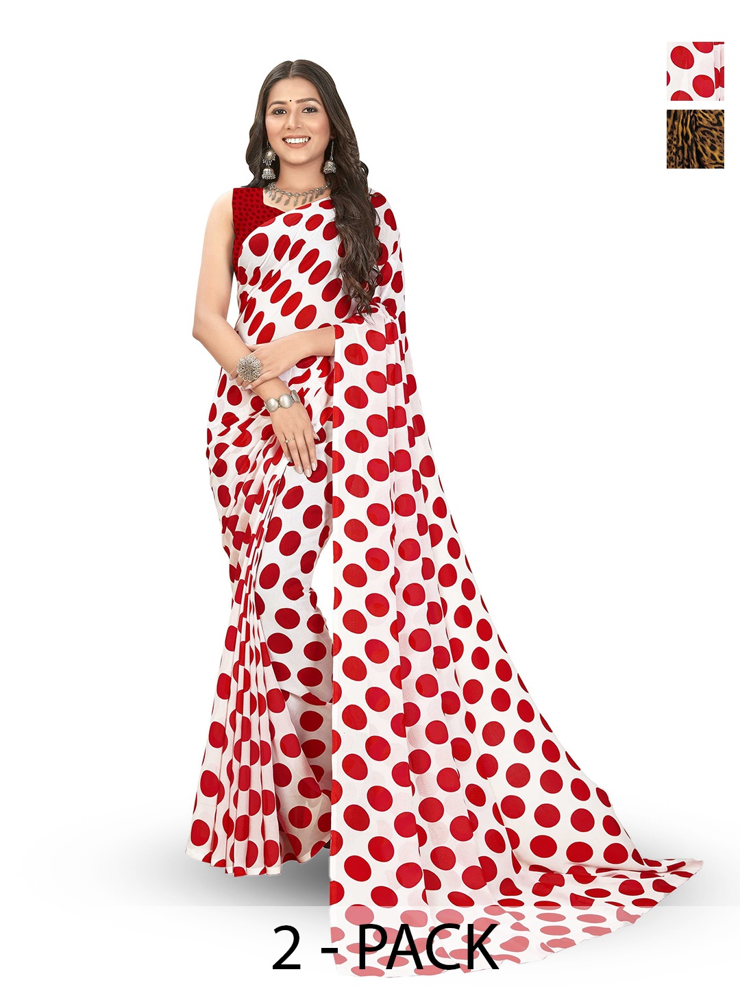 

ANAND SAREES Selection of 2 Polka Dot Printed Sarees, White