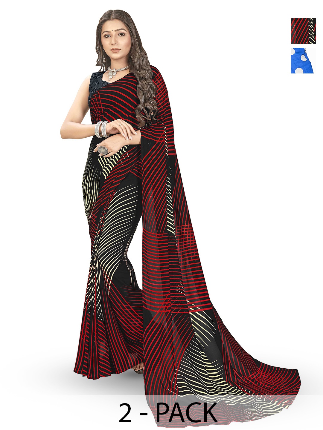 

ANAND SAREES Selection of 2 Striped Printed Sarees, Red