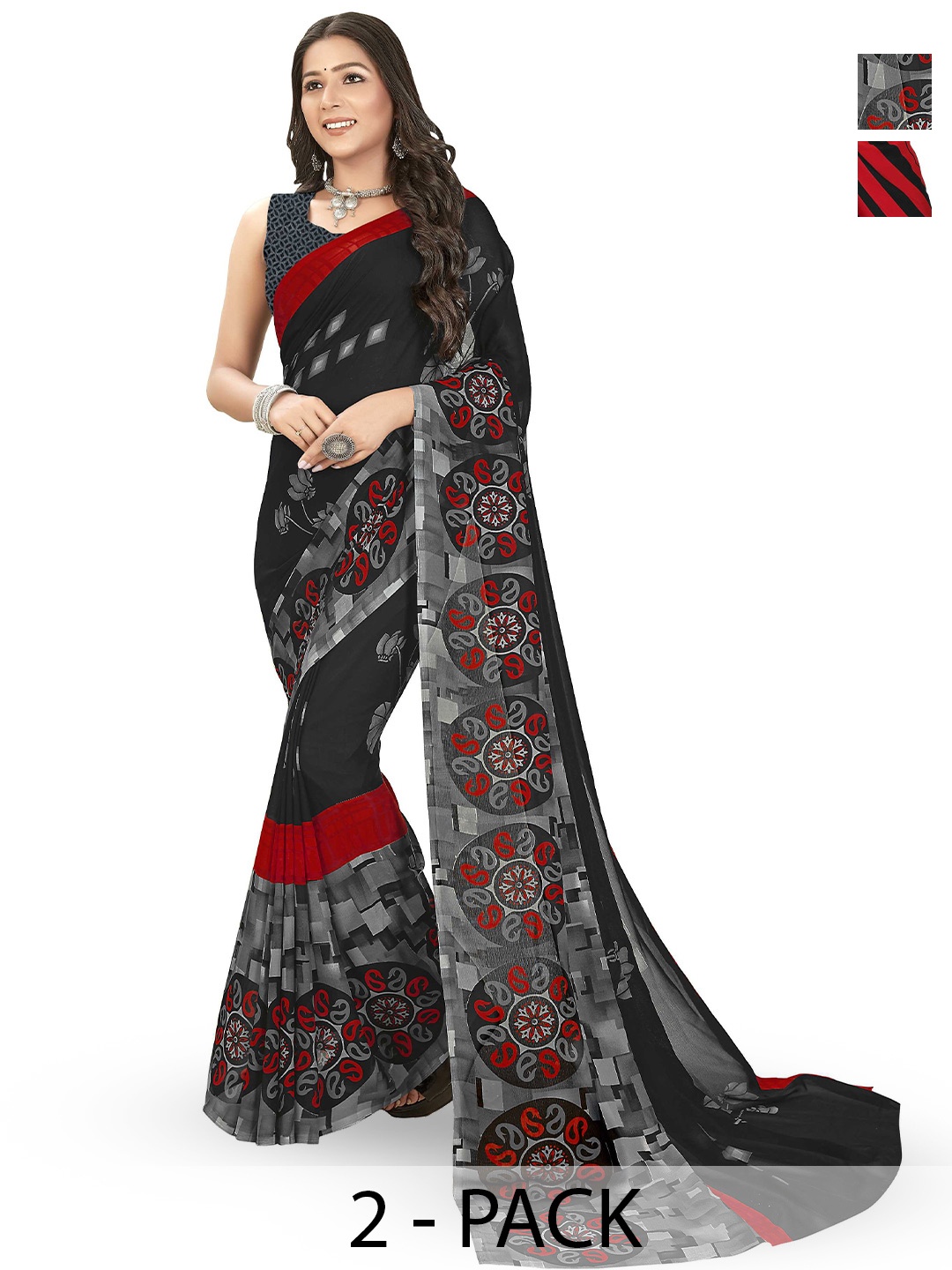 

ANAND SAREES Selection Of 2 Polka Dot Printed Sarees, Black