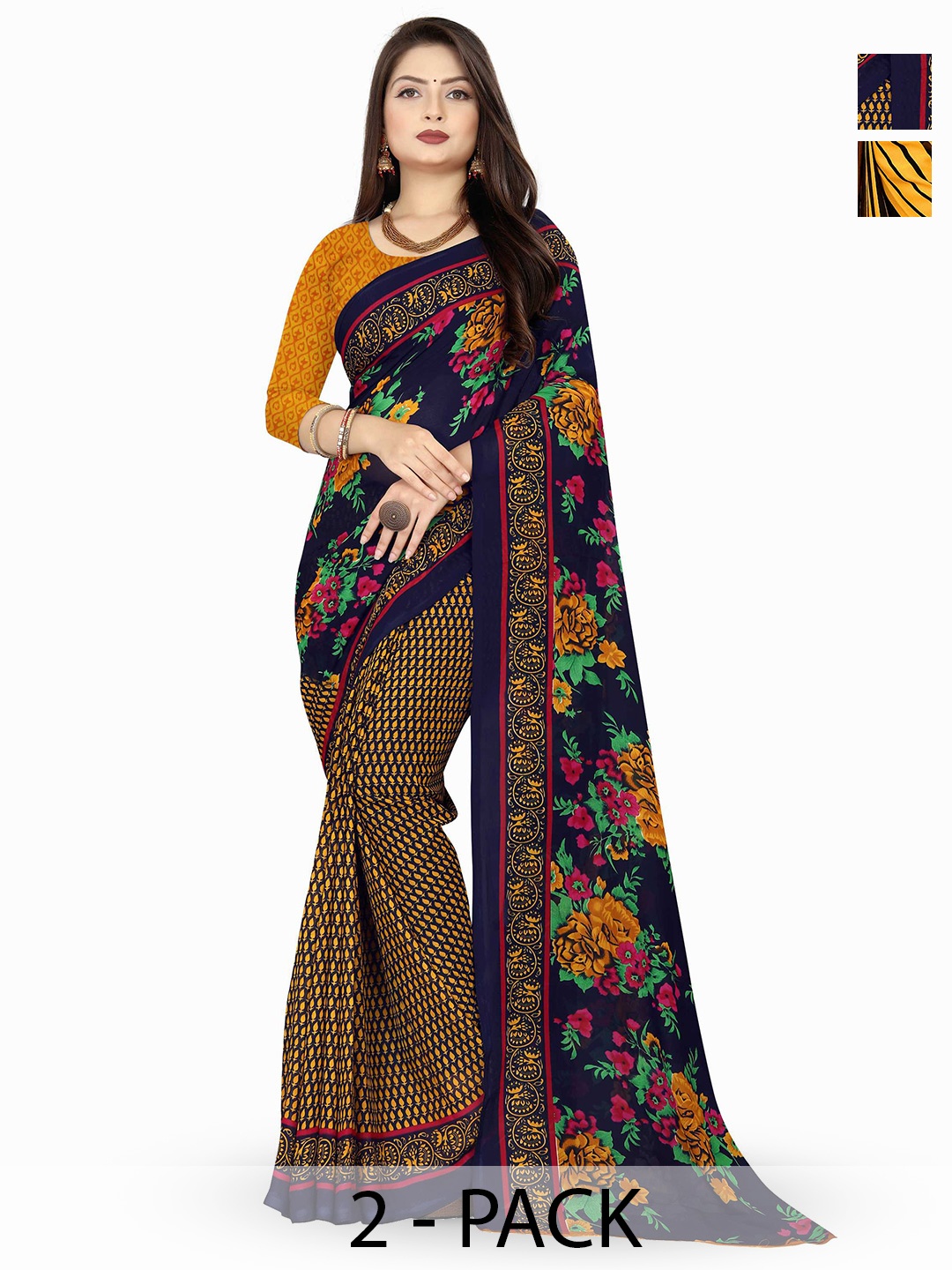 

ANAND SAREES Floral printed Saree, Navy blue