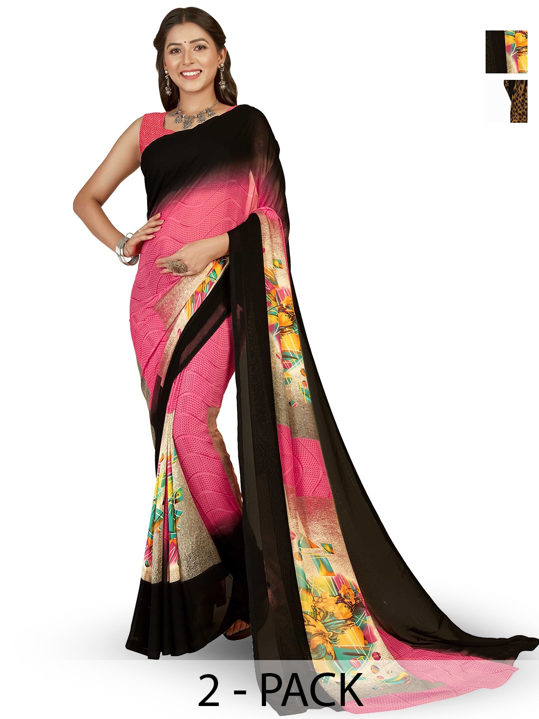 

ANAND SAREES Pack of 2 Ethnic Motifs Georgette Saree, Black