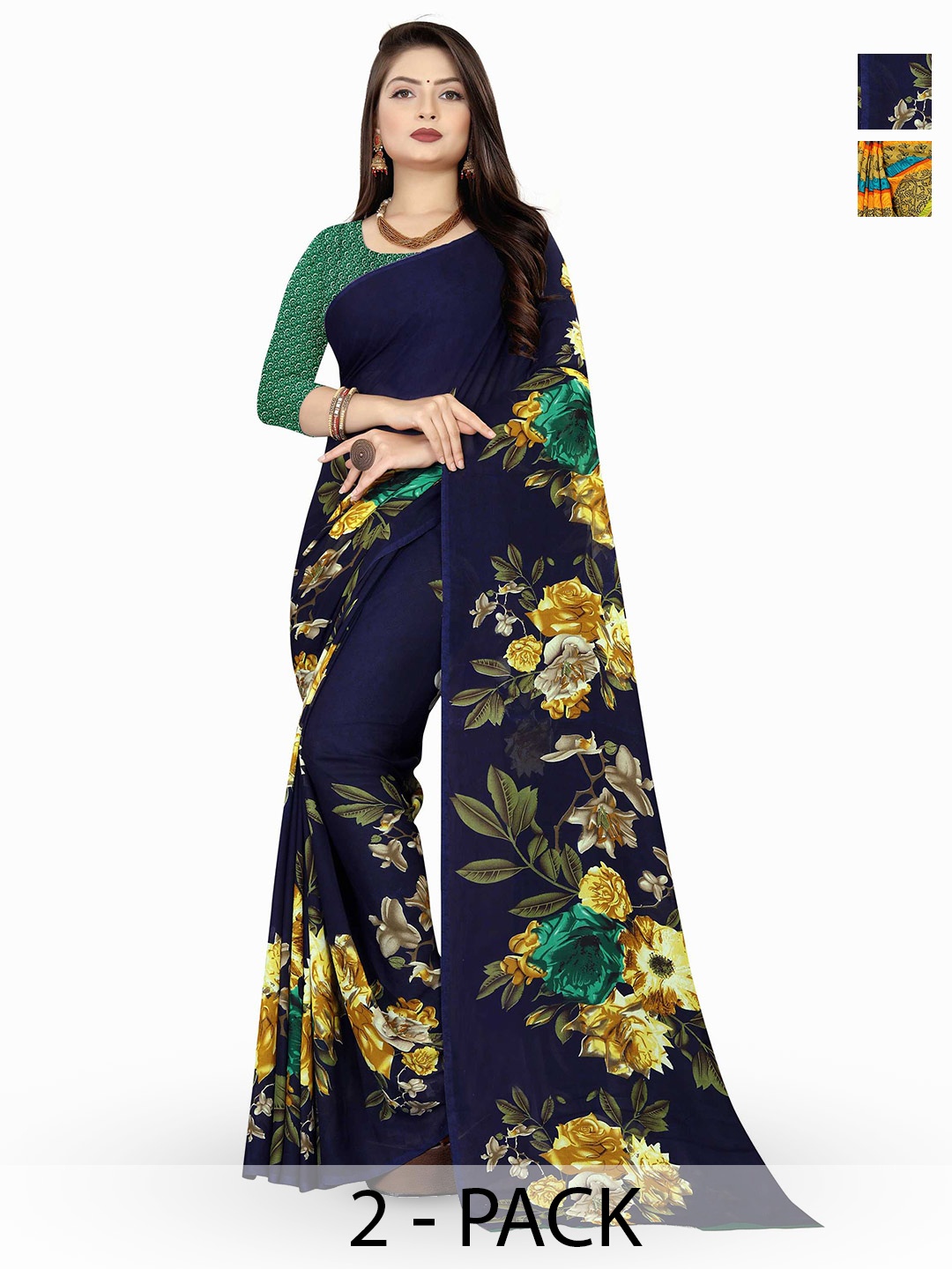 

ANAND SAREES Selection of 2 Floral Printed Sarees, Blue