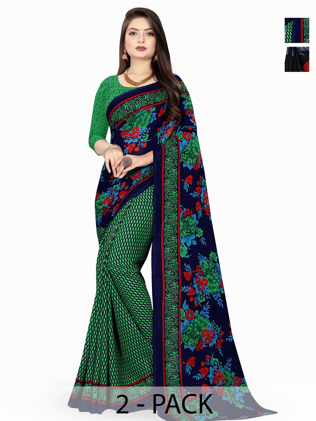

ANAND SAREES Selection of 2 Floral Saree, Green