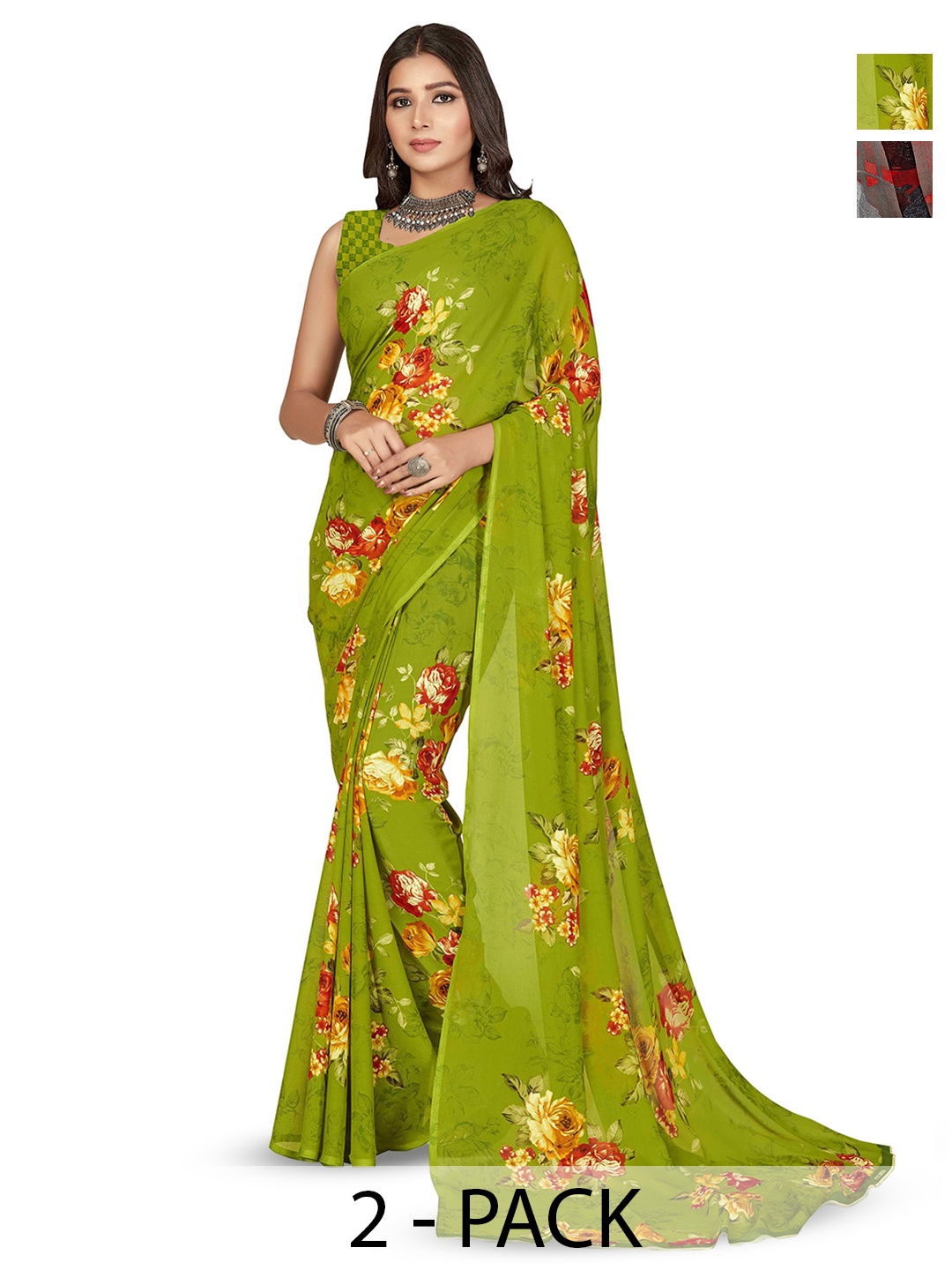 

ANAND SAREES Floral Poly Georgette Saree, Green